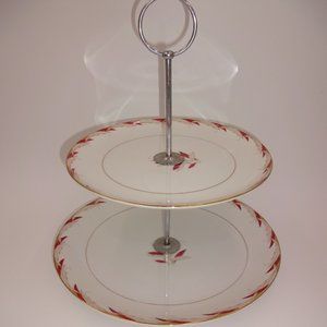 Vintage Citadel China Cavalier 2-Tier Serving Tray White Pink Leaves 7447 Japan